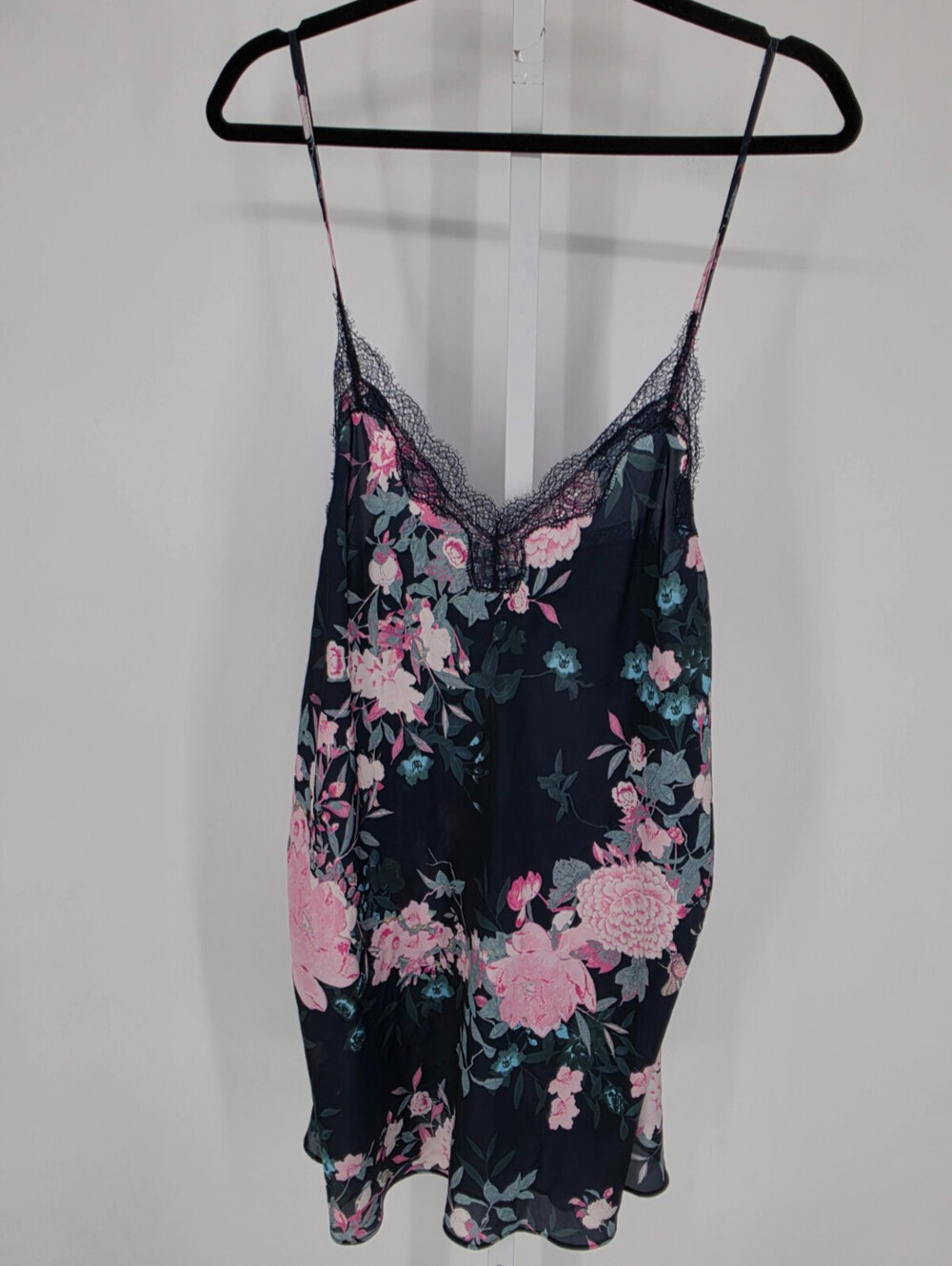 Victorias Secret Womens Sz XXL Slip Nightgown Satin Black Pink Floral Lace Trim